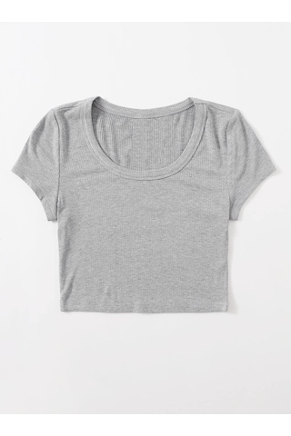 U Yaka Gri Renk Fitilli Kısa Kollu Regular Crop Top Bluz Gri