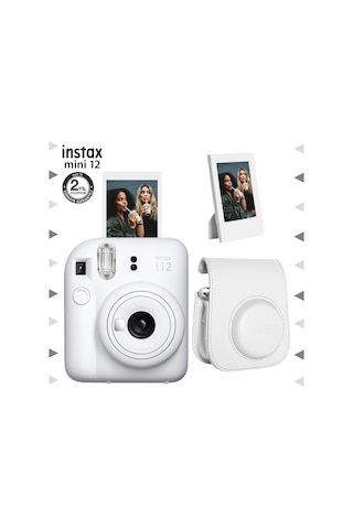 Fujifilm Instax Mini 12 Fotoğraf Makinesi + Çerçeve + Deri Kılıf Beyaz