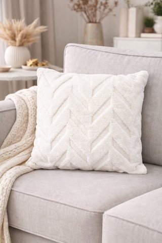 Peluş Dekoratif Kırlent Kılıfı İskandinav Zigzag-balıksırtı 4 Lü Set 42x42 Cm Krem - Bej