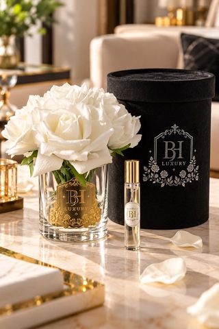 Bh Luxury Yapay Beyaz Gül Ve Parfüm Hediye Seti Siyah Dekoratif Kutulu