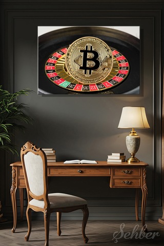 Kanvas Tablo Yatay Tekli Ev Kafe Ofis Rulet Çarkında Duran Altın Bitcoin Jetonu 2837