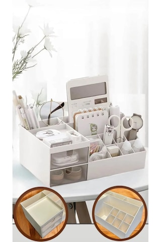 Office 2 Çekmeceli Masa Üstü Düzenleyici - Ofis Kalemlik Bölmeli Beyaz