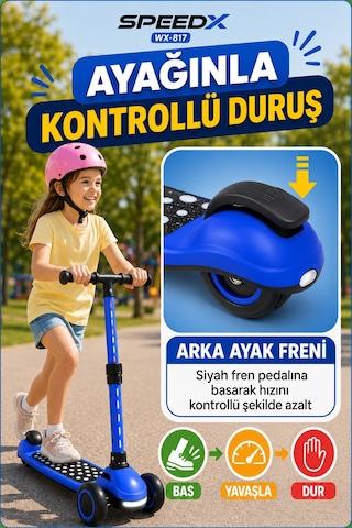 Mavi Speedx Wx-817 Rgb Işıklı Müzikli Çocuk Scooter Ayarlanabilir Alüminyum T-bar Tekerlekli Frenli