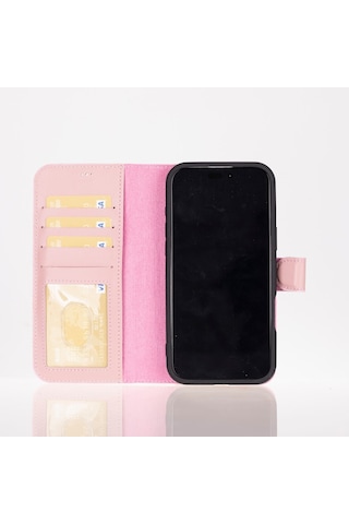 Apple Uyumlu iPhone 16 Pro , Hakiki Deri, El Yapımı, Cüzdanlı Kılıf, Toz Pembe Siyah