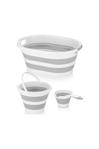 Keçe 2 Gözlü Çamaşır Sepeti Gri 53x33x60cm-25lt Katlanır Çamaşır Selesi-su Kovası-maşrapa 4'lü Set Gri