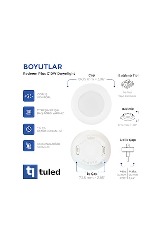 Redeem Plus C10W Downlight, Titreşimsiz, Göz Konforu, 681 Lümen, Doğal Beyaz, 4000 Kelvin Beyaz