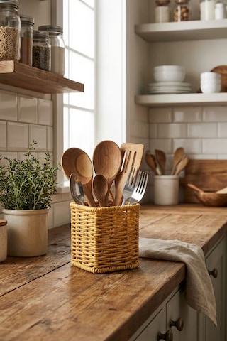 Plentiful Kare Hasır Dokulu Plastik Rattan Kaşıklık & Çatallık Askılı Kendiliğinden Tutmalı Çok Amaç Sarı