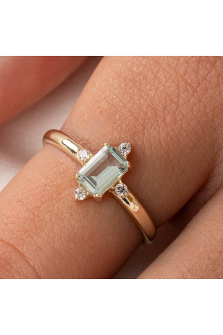 Gümüş Yüzük - Octagon Kesim Su Yeşili Taşlı 0.95 Karat Pırlanta Montürü 925 Ayar Gümüş Yüzük Sarı