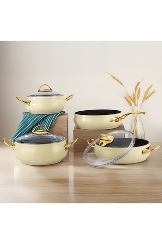 Lines L-5094-1 Yonca Güveç 7 Parça Tencere Seti - Krem Altın Kulp