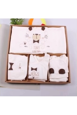 Ayıcık Desenli 10 Parça Kutulu %100 Pamuk Erkek Bebek Hastane Çıkışı Kahverengi