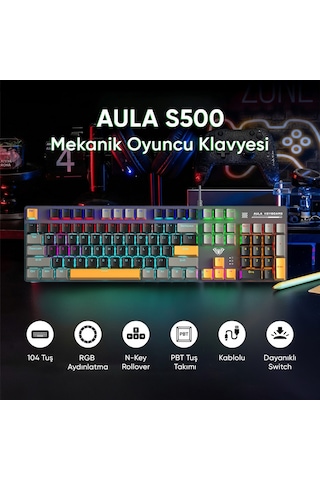 Aula S500 Blue Switch Rgb Makrolu Kablolu Gaming Mekanik Oyuncu Klavyesi Sarı