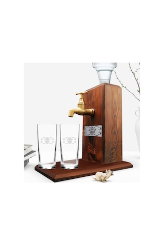 Kişiye Özel Ikili Rakı Bardağı ve Musluklu Doğal Ahşap Rakı Stand