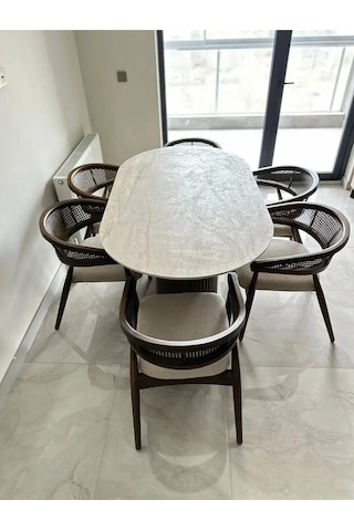Luis 6 Sandalyeli İskandinav Tarzı Oval Masa Takım Krem