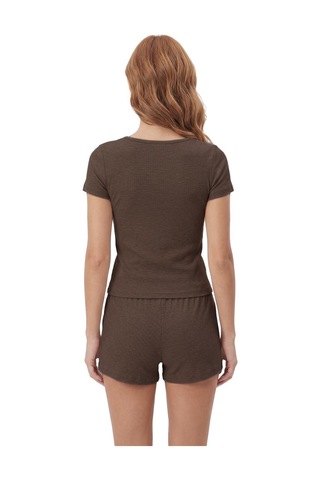 Cottonill Premium - Neat Collection Kahverengi Rib Dokulu Yuvarlak Yaka Modal Viskon Şortlu Pijama Takımı