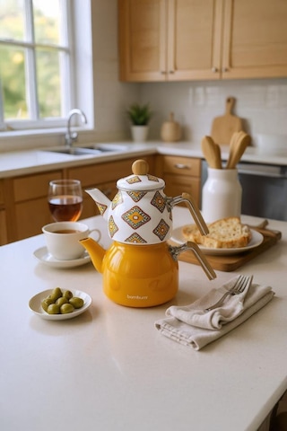 Bambum Unique - Bambu Kulplu Çaydanlık Takımı Hardal Sarı
