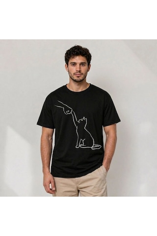 Vexor Erkek Minimal Kedi Çizim Baskılı Tişört Kısa Kol Yazlık T-shirt - Siyah 444349