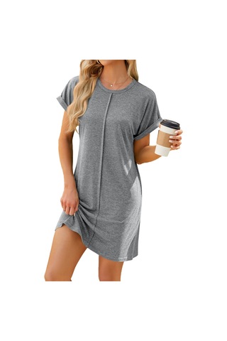 Sones Kadın Organik Pamuk Kısa Kollu Midi Elbise Rahat Bol Kesim Saf Renk İlkbahar Yaz Elbisesi Açık Gri
