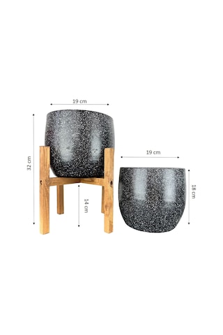 Bitki Tasarımı Ev Dekorasyon Aksesuar Siyah Granit Toprak Saksı Saksılık Salon Çiçeklik İkili Set Ayaksız - 4 Ayaklı- 19 Cm
