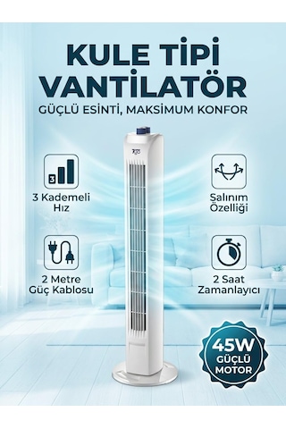 7go 7gtf1 30 İnç Kule Tipi Vantilatör / 45w Güçlü Motor, 3 Kademeli Hız, Salınımlı, Zamanlayıcılı Tower Fan