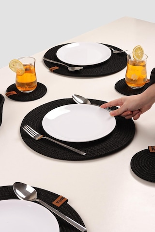 6 Adet Jüt Supla / Amerikan Servis Lux Sunum Tabak Altlığı, Sunum Supla Çeyiz Takımı Örgü Tabak Altı Yanmaz Siyah