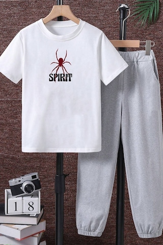Uyguntarz Çocuk Spirit Baskılı Alt - Üst Eşofman Takımı Beyaz