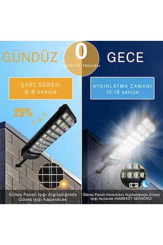 Güneş Enerjili, Hareket Sensörlü Dış Mekan Led Sokak Lambası Solar Aydınlatma Siyah