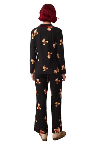 Ersefa Kadın Ayıcık Desenli Pijama Takımı Gömlek Yaka Uzun Fonksiyonel D Siyah