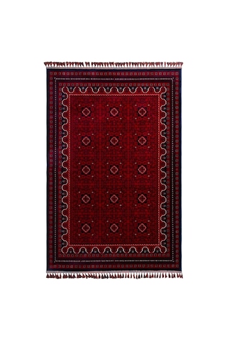 Elvey Home Afgan Vintage Kaymaz Taban Gerçek Kadife Bambu Sık Dokuma Otantik Dekoratif Zamansız Tasarım Halı Red/bo Çok Renkli
