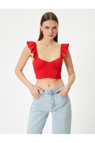 Koton Fırfırlı Crop Bluz Arkası Bağlamalı Kolsuz Kalp Yaka Slim Fit Kırmızı 4sal30050ık Kırmızı