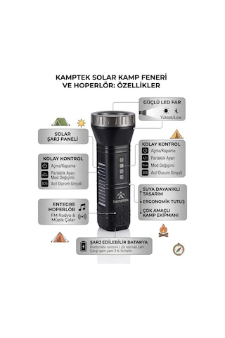 Kamptek Çok Fonksiyonlu Solar El Feneri Radyo + Powerbank + Led Işık Deprem Çantalık Diğer