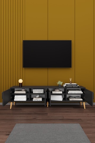 Asra Trend Tv Ünitesi T-04 %100 MDF 160 cm Tv Sehpası 4 Kapaklı Raflı Koyu Gri