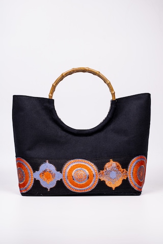 Fabric Craft Bag El Çantası Duck Kumaş Etnik Bordürlü Lacivert Lacivert - Mavi