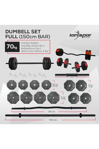 Tan Spor 70 KG Dambıl Halter Ağırlık Full Kısa + Düz + Z Bar Set Kırmızı Kapaklı