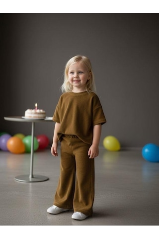 Zekids Kız Çocuk Kışlık Bel Lastikli İspanyol Paça Örme Pantolon-14431 Camel