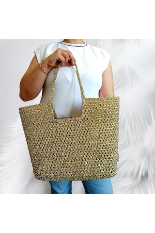 Embahandmade Metalik Altın El Örgüsü Plaj Çantası Şık Yazlık Omuz Tote Bag Gold