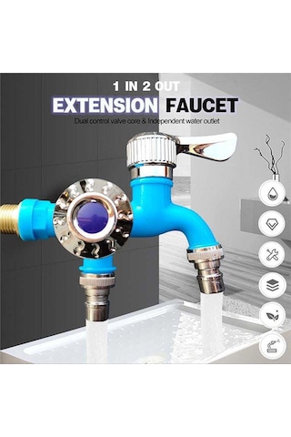 Xurunkeji 1/2 İnç Evrensel Arayüz Musluğu Çift Çıkışlı Çift Kontrol Su Musluğu Ev Banyo Hortumu Sulama Bağlantısı Mavi Mavi