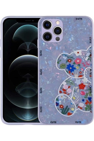 Apple Uyumlu iPhone 12 Pro Kılıf Desenli Sert Silikon Zore Mumila Kapak Lilac Bear