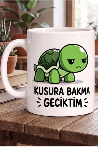 Kusura Bakma Geciktim Yazılı Kaplumbağa Baskılı Komik Hediye Kupa Bardak Beyaz