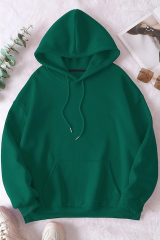 Pamuk Şardonlu Kapüşonlu Sweatshirt Yeşil