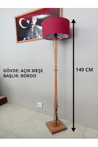 Bordo Başlıklı Açık Meşe Ahşap Lambader-köşe Lambası