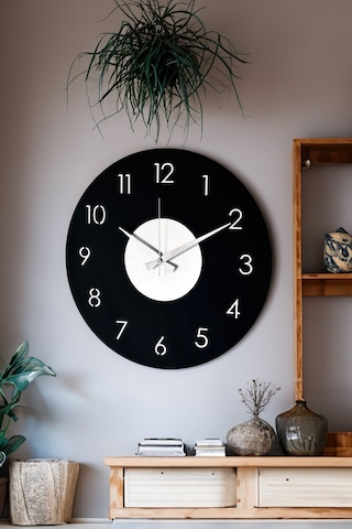 Ahşap Dekoratif Phact Gümüş Aynalı Duvar Saati 48cm Siyah - Gümüş