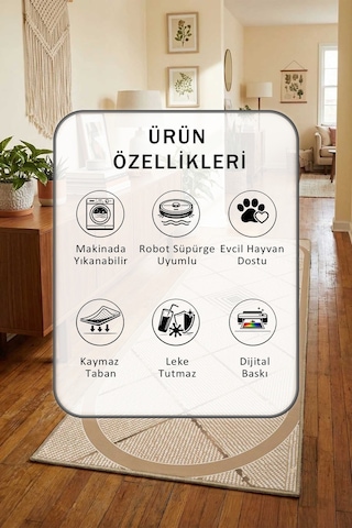 Square D4 Dijital Baskılı Kaymaz Yıkanabilir Yolluk Bej