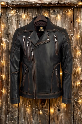 Derije Hakiki Deri Motorcu Tarzı Vintage Erkek Biker Mont Eskitme