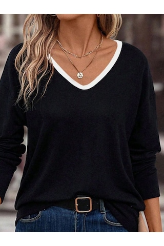 Tua Moda Kadın Uzun Kollu V Yakalı Viskon Iki Iplik Bluz Siyah