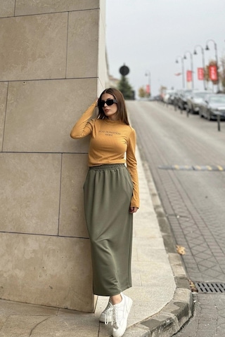 WeShaya Kadın Haki Beli Lastikli, Rahat Kalıp, Cepli Uzun Etek Haki