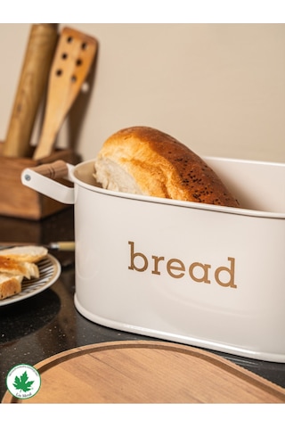 Ahşap Kapaklı Ahşap Kulplu Metal Ekmeklik Bread Baskılı - Krem Krem