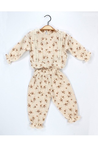 Babyhola Dantel Detaylı Çiçek Desenli Müslin Bayramlık Kız Bebek Takım Üst Ve Pantolon İkili Set 2009 Bej