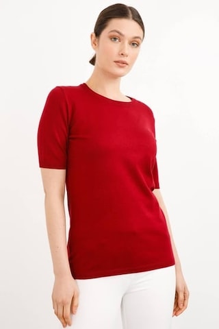 Desen Minimalist Oversize Yuvarlak Yaka Kısa Kol Kadın Bluz - Günlük & Şık Vişne