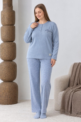 Boyraz Lindros Kadın Düğme Yaka Raporlu İnterlok Kışlık Battal Pijama Takımı 0385 - 1 Adet Mavi