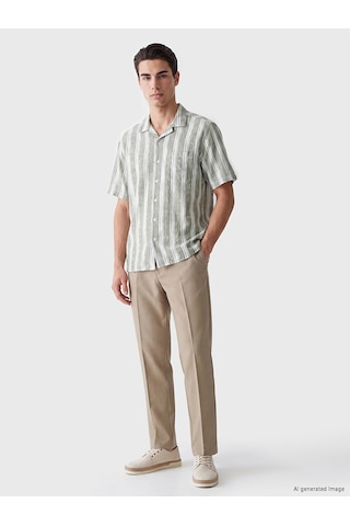 Lcwaıkıkı Classic Yeşil Regular Fit Çizgili Keten Görünümlü Erkek Gömlek